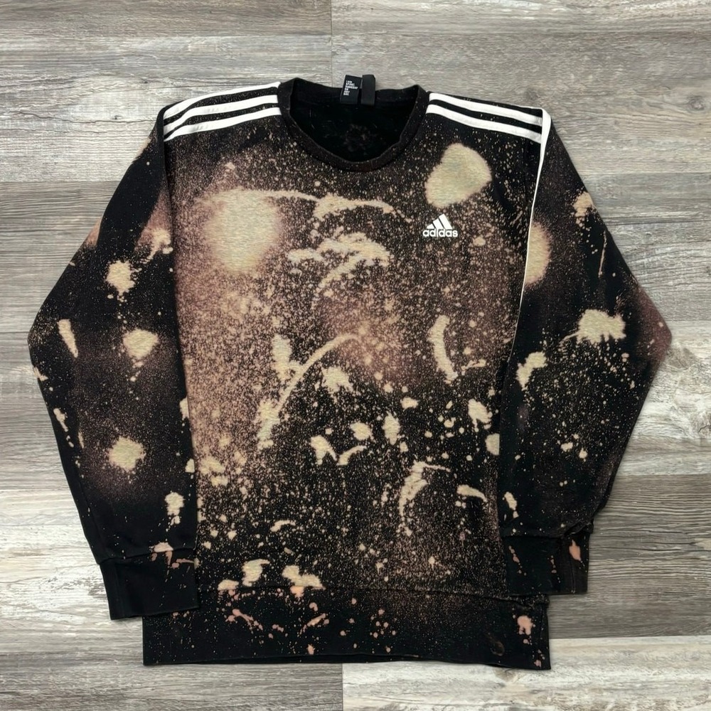 Adidas‎ Black White 3 Stripes Bleach Dyed Mens M Sporty Streetwear Sweatshirt
